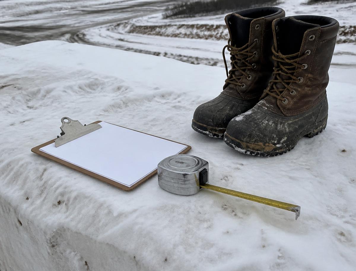Winter boots, a clipboard and a tape measure resting on a snowbank beside a cleared lane.