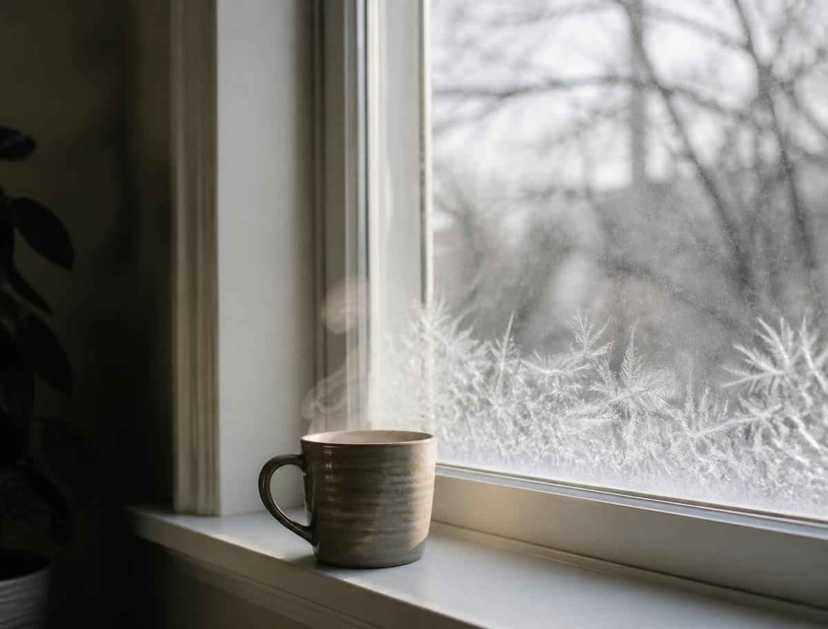 Steam rising off a coffee mug beside a frosted window on a winter morning.