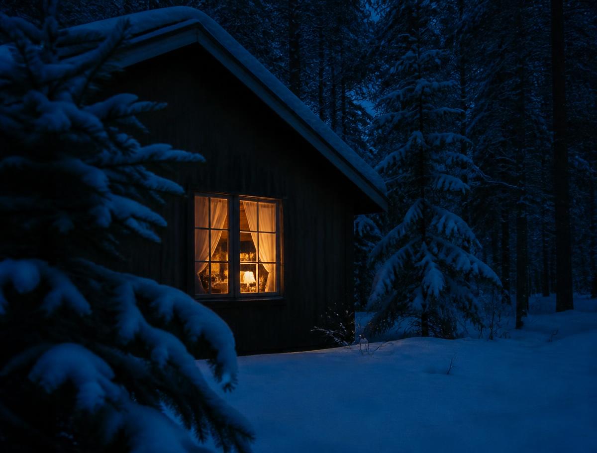 A single warmly lit cottage window against dark pines and deep snow.