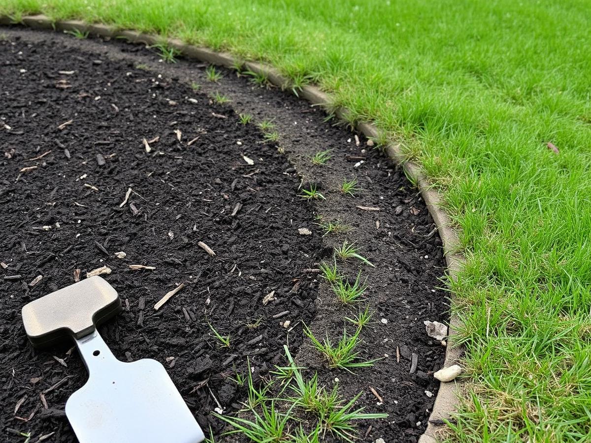 A crisply re-edged garden bed in spring, clean border line between dark soil and green lawn.